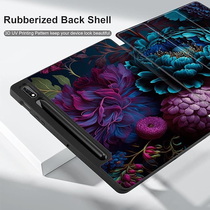 MEEgoodo Case for Samsung Galaxy Tab S9/S9 FE 11 inch Cover 2023 with Pen Holder Protective Tablet Cover with Folding Stand + Soft TPU Back Shell + Smart Auto Wake/Sleep Beautiful Fantasy Flower