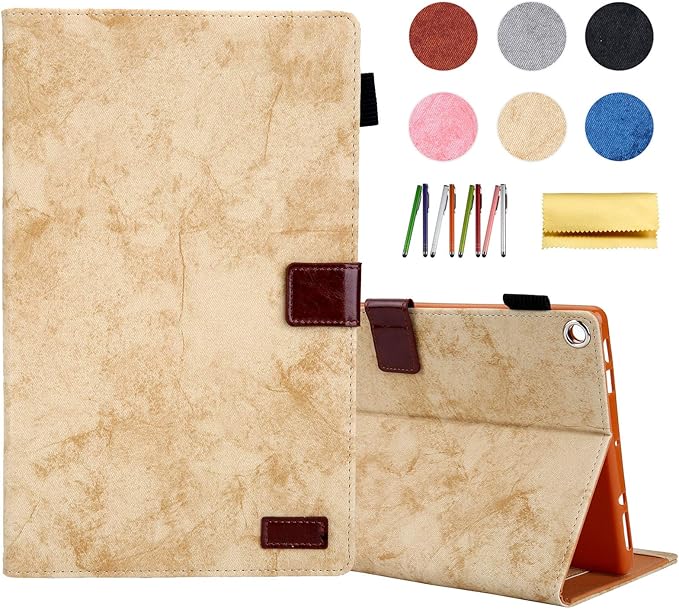 Folding Case for Amazon Fire HD 10 9th/7th/5th Gen Techcircle Smart Flip [Wake/Sleep] Solid PU Leather Protective Cover for All-New Kindle Fire HD 10.1 inch Tablet 2019/2017/2015 Release Beige