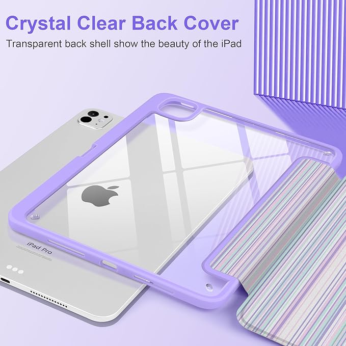 TWOLSKOO Case for iPad Pro 11-inch (M5 2025 / M4 2024) Clear Acrylic Back with TPU Bumper Pencil Holder Trifold Stand Auto Sleep/Wake Purple Stripes