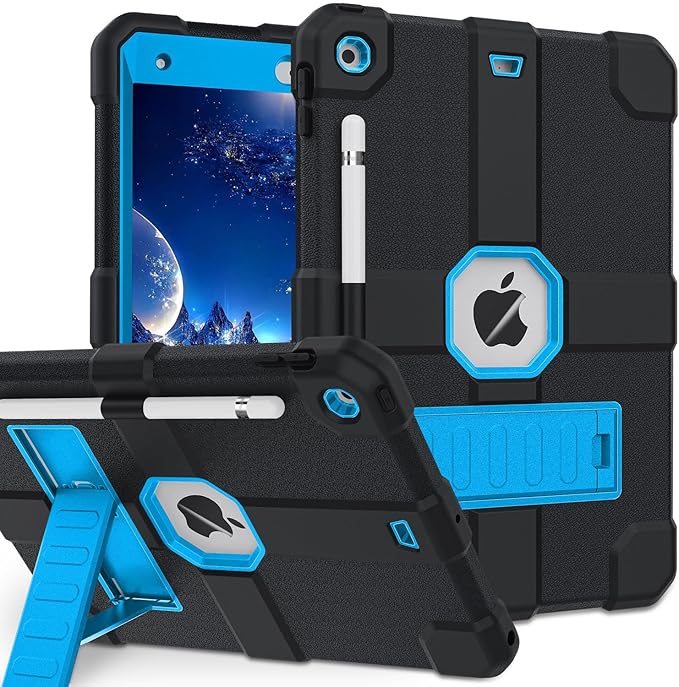Case for iPad 9th/8th/7th Generation 2021/2020/2019(10.2 inch) Heavy Duty Shockproof Rugged Protective 10.2 Cover with Built-in Stand for iPad 9 8 7 Gen(Black+Blue)