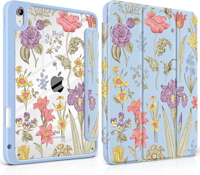 DONGKE Case for iPad (A16) 11th Generation 11 inch 2025 &amp iPad 10th Gen 10.9 inch 2022 [Built-in Pencil Holder] Clear Acrylic Back Trifold Stand Smart Cover Auto Sleep/Wake Blue Botanical Flora