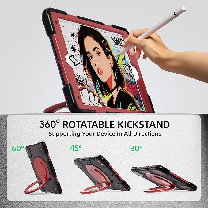 Case for iPad 9th/8th/7th Generation 10.2 inch Shockproof Cover with Screen Protector/360° Rotate Stand/Pencil Holder/Shoulder Strap Kids Case for iPad 2021/2020/2019 (Black+Red)