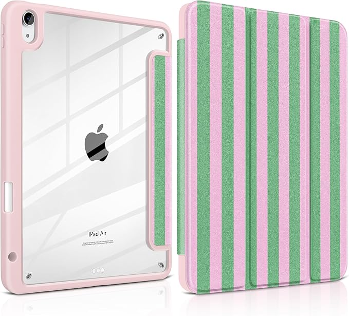 DONGKE Case for iPad Air 11-inch M4 2026 &amp M3 2025 &amp M2 2024 iPad Air 5th/4th Generation 10.9 2022/2020 [Built-in Pencil Holder] Clear Acrylic Back Trifold Stand Smart Cover Green Stripes