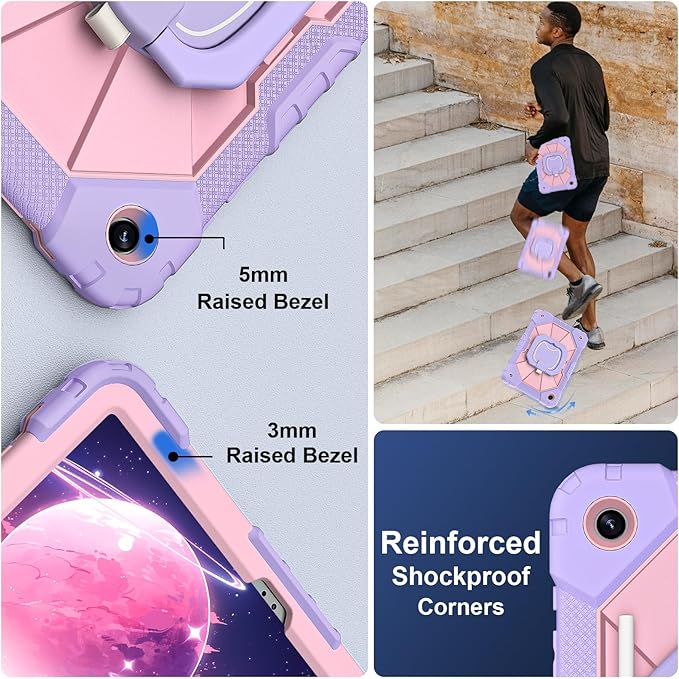 for Galaxy Tab A11+ Plus/A9+ Case 11” Rugged Case for Samsung Galaxy A11 Plus/ A9 Plus Tablet with 360 Rotating Stand Screen Protector Shoulder Strap Pen Holder 2025/2023 Model Purple Rose