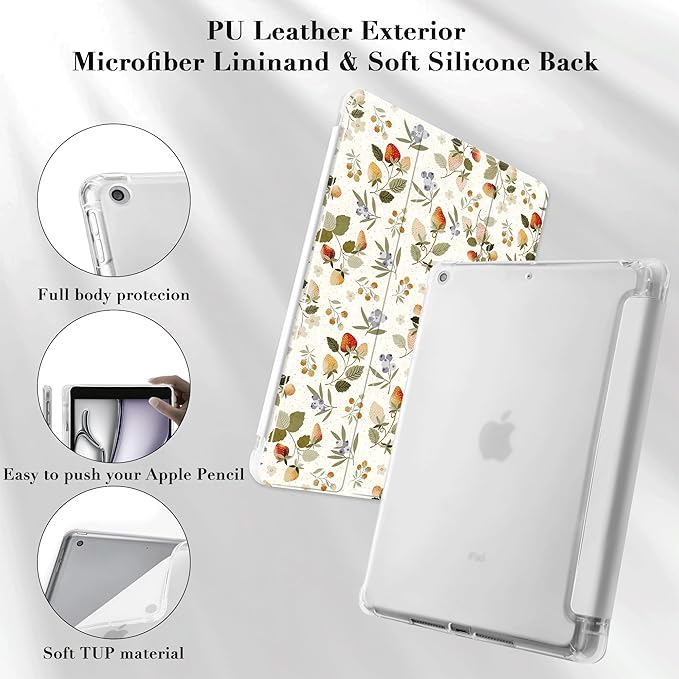 Idocolors Cute Kawaii Strawberry Plant Pad Case for 13 Inch iPad Pro(2024) Clear TPU Smart Stand Back Cover with Pencil Holder Auto Wake/Sleep Foldable Shockproof Protective Case for Women Girls
