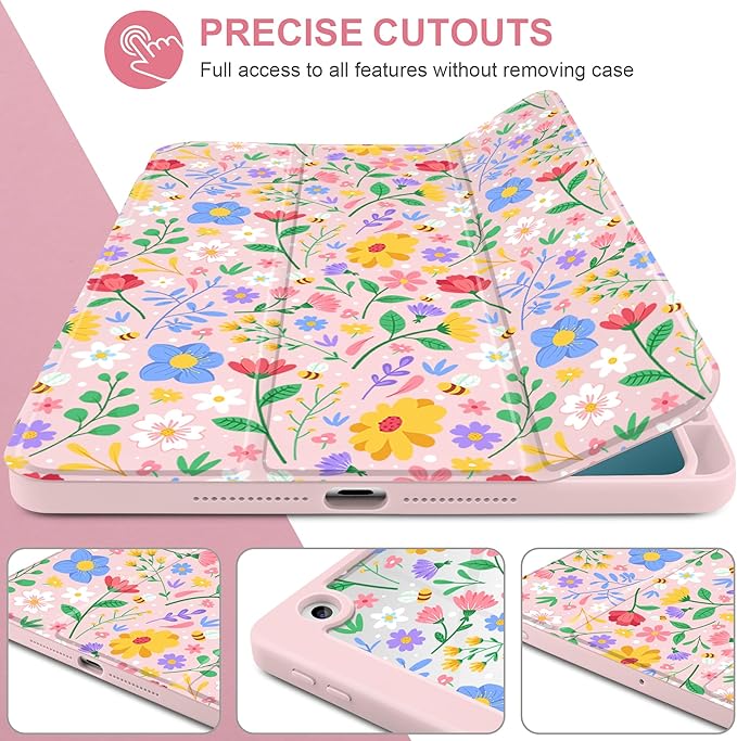 MEEgoodo Case for iPad 10.2 inchTablet Cases for iPad 9th Generation 2021/8th Gen 2020/7th Gen 2019 with Clear Acrylic Back Shell+Pencil Holder+Auto Wake/Sleep+Trifold StandFlat Spring Floral
