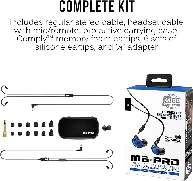 MEE audio M6 PRO In Ear Monitor Headphones for Musicians 2nd Gen Model With Upgraded Sound Memory Wire Earhooks &amp Replaceable Cables Noise Isolating Professional Earbuds 2 Cords Included (Blue