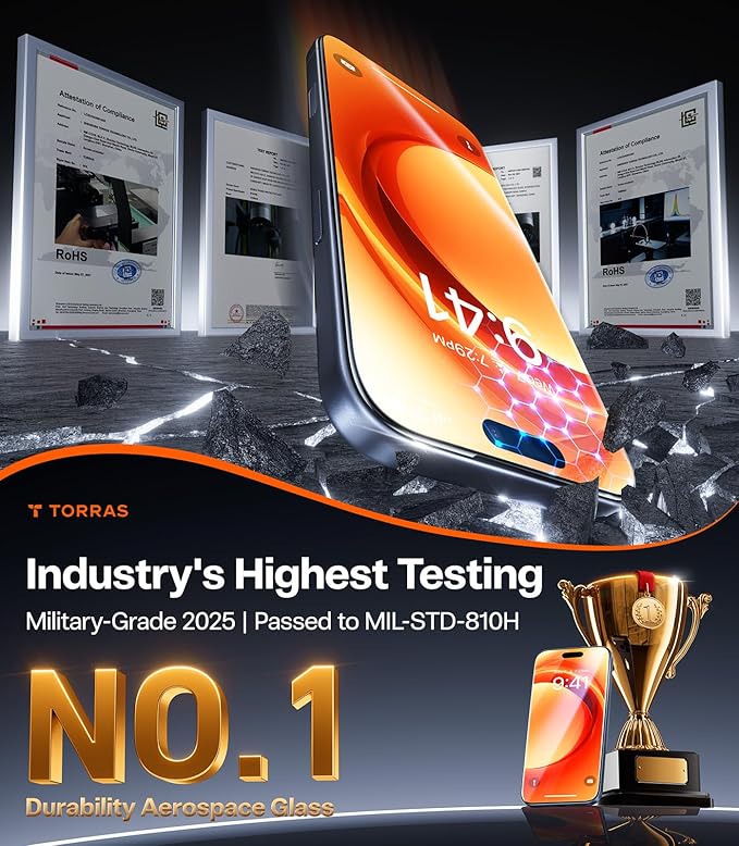 TORRAS Military-grade aerospace glass for iPhone 16 Screen Protector [9H＋Unbreakable from 12-foot DropLongest Durable]GlassGo X Glass for iPhone 162 Packs