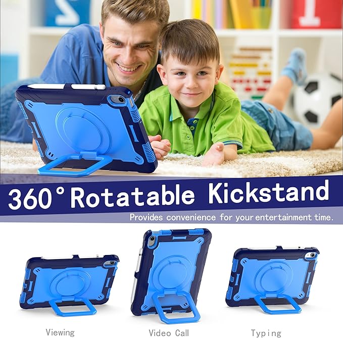 Dteck Kids Case for iPad A16/10th Generation 2025/2022 Heavy Duty Hybrid Shockproof 360°Swivel Kickstand Anti Scratch Durable Protective Case with Pencil Holder Shoulder StrapNavy/Blue