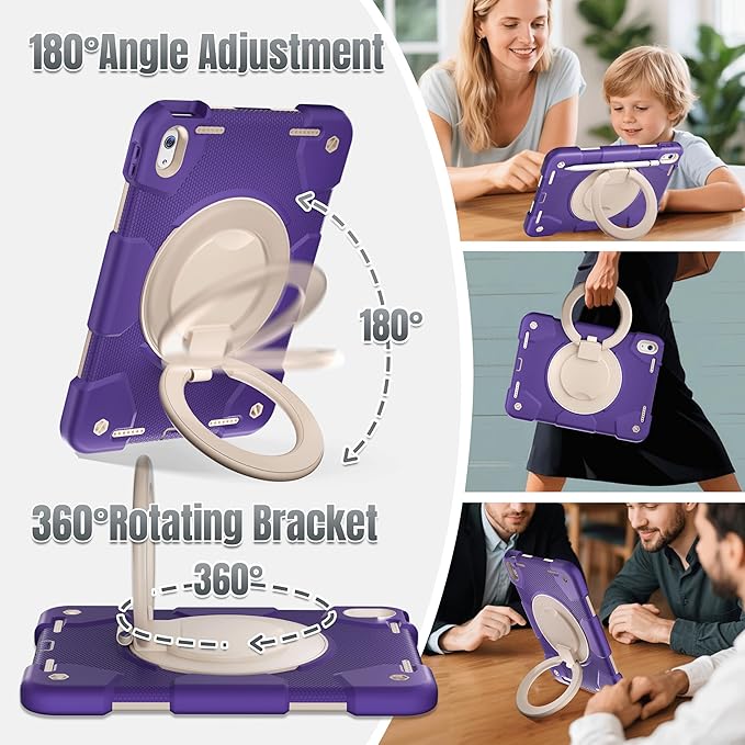 Case for iPad (A16) 11th /10th Generation 11/10.9 Inch 2025/2022 with Screen Protector/360° Rotate Stand/Shoulder Strap/Pencil Holder Shockproof iPad 11th/10th Gen Cover (Purple+White)