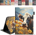 Case for Amazon Kindle Fire 7 Tablet (7 9th/7th Generation 2019/2017 Release) Slim PU Leather Cover with Card Slot &amp Auto Wake/Sleep American Flag Cow and Sunflower