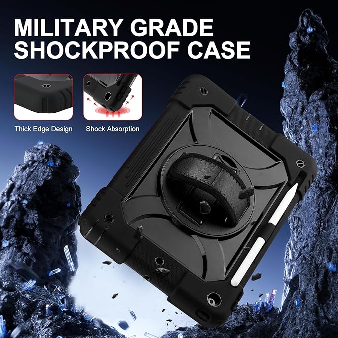for iPad 9th/8th/7th Generation CaseiPad 10.2 Case 2021/2020/2019 with Cute Key Chain Rugged Protective Case with 360°Rotating Stand &amp Shoulder Hand Strap &amp Pen Slot for 10.2 Inch (Black)