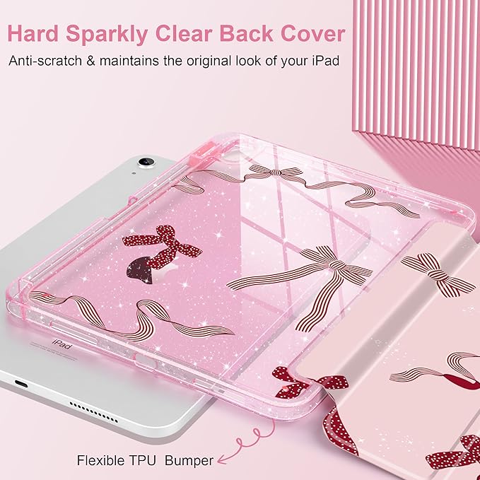 MEEgoodo Case for iPad A16 11th Generation 2025/10th Generation 2022 Glitter Tablet Cases with Transparent Acrylic Back+Trifold Stand +Pencil Holder+Auto Wake/SleepSimple Striped &amp Dots Bow