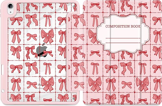 DONGKE Case for iPad Air 11-inch M4 2026 &amp M3 2025 &amp M2 2024 iPad Air 5th/4th Generation 10.9 2022/2020 [Built-in Pencil Holder] Clear Acrylic Back Trifold Stand Smart Cover Bow Compositio