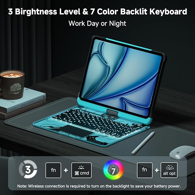 Transparent Keyboard Case for iPad Air 11 (M3 2025/M2 2024) Air 5th/4th Gen 10.9 &amp iPad Pro 11 (4th-1st) - Multi-Touch Trackpad 360° Rotating Stand 7-Color Backlit Pencil HolderBlue