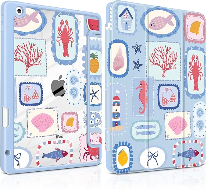 MEEgoodo Case for iPad 10.2 inchTablet Cases for iPad 9th Generation 2021/8th Gen 2020/7th Gen 2019 with Clear Acrylic Back Shell+Pencil Holder+Auto Wake/Sleep+Trifold Stand Marine Stamps Pattern