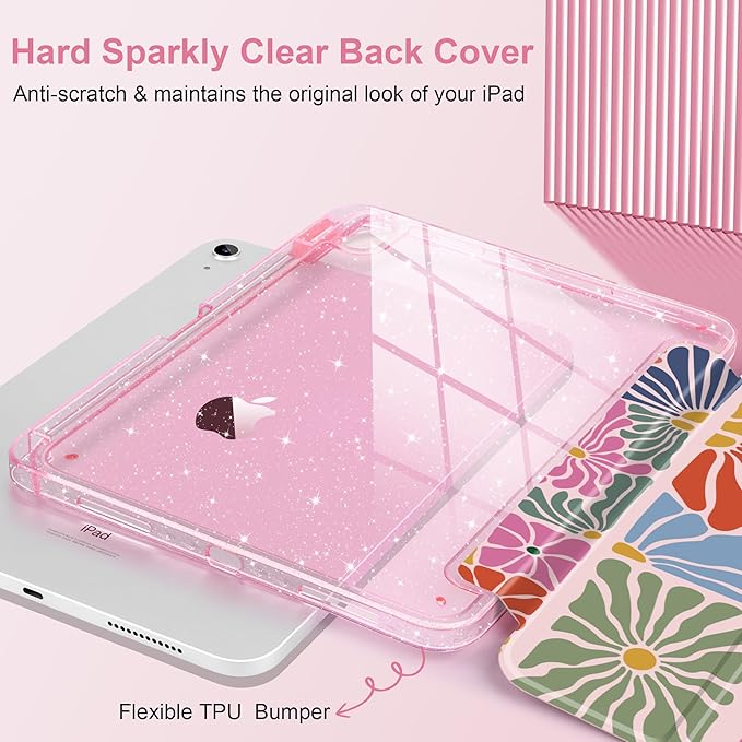 DONGKE for iPad Pro 11 inch Case – Fits M5 2025 / M4 2024 Shockproof Sparkling Glitter Acrylic Back Pencil Holder Trifold Stand Auto Sleep/Wake &amp Touch ID Support - Colorful Florals