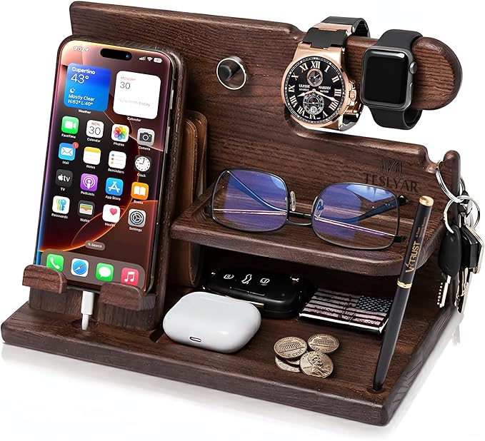 TESLYAR Wood Phone Docking Station for Men - Desk or Nightstand Organizer - Birthday Gifts for Husband Dad - Anniversary Idea from Wife - Key Holder Stand Wallet Watch &amp Essentials (Bourbon Bro