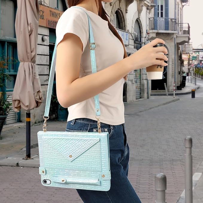 Shiny Case for iPad (A16) 2025 11/iPad 10th Generation Handbag with Hand Strap Techcircle Crossbody Iridescent Folio Stand Wallet Case with Pencil Holder+Card Slots+Shoulder Strap Shiny Blue