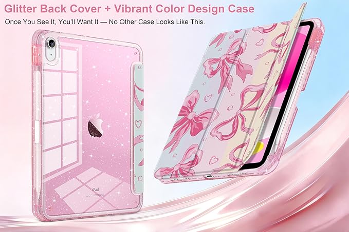 MEEgoodo Case for iPad A16 11th Generation 2025/10th Generation 2022 Glitter Tablet Cases with Transparent Acrylic Back+Trifold Stand +Pencil Holder+Auto Wake/SleepPink Bow &amp Rainbow Striped