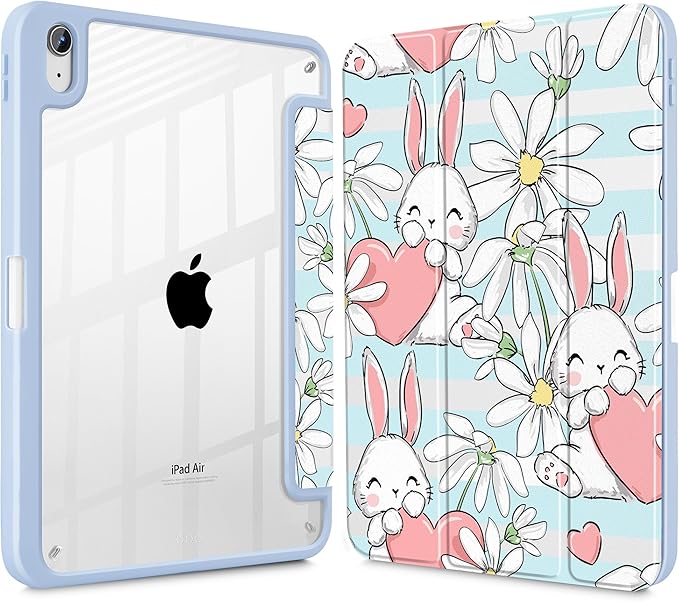 May Chen Case for iPad Air 13 Inch M4 2026 M3 2025 M2 2024 [Built-in Pencil Holder] Shockproof Cover with Clear Transparent Back Shell Auto Sleep/Wake Cover Heart Rabbits