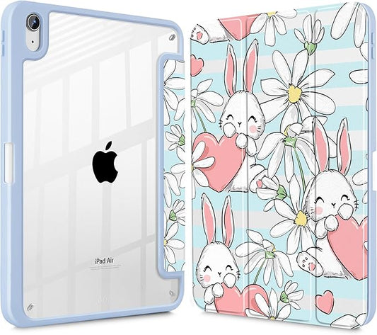 May Chen Case for iPad Air 13 Inch M4 2026 M3 2025 M2 2024 [Built-in Pencil Holder] Shockproof Cover with Clear Transparent Back Shell Auto Sleep/Wake Cover Heart Rabbits