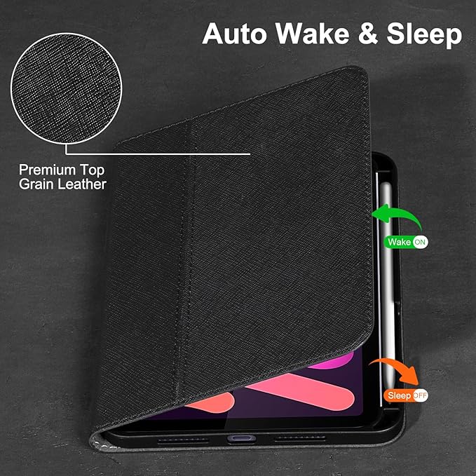 Gexmil Leather Case for iPad mini 7 (A17 Pro) 2024 / iPad mini 6 Generation 2021 8.3 InchPremium Cowhide Cover with Pencil HolderAdjustable Stand Auto Wake/SleepPalm-Print Black