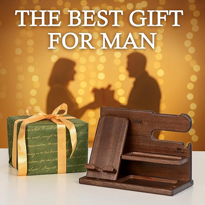 TESLYAR Wood Phone Docking Station for Men - Desk or Nightstand Organizer - Birthday Gifts for Husband Dad - Anniversary Idea from Wife - Key Holder Stand Wallet Watch &amp Essentials (Bourbon Bro