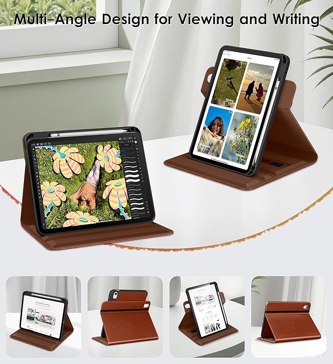 DTTO for iPad A16 Case iPad 11th / 10th Generation Case (2025/2022) 360 Degree Rotating Premium Leather Folio Stand Cover with Pencil Holder Brown