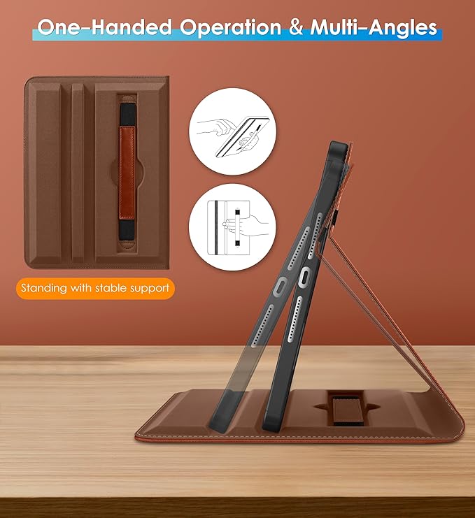 DTTO Rotating Case for iPad 9th/8th/7th Generation 10.2 Inch 2021/2020/2019 360 Degree Swiveling Premium Leather Folio Stand Cover with Pencil Holder - Auto Wake/Sleep and Hand Strap Brown