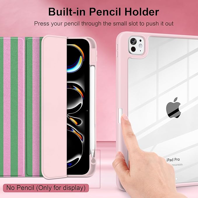 DONGKE for iPad Pro 11-Inch Case (M5 2025 / M4 2024) 6th/5th Generation [Auto Sleep/Wake &amp Pencil Pro Holder] Clear Acrylic Back Smart Trifold Stand Cover Green Stripes