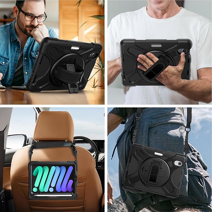 Gerutek Case for iPad mini 7 (A17 Pro) 2024/Mini 6 2021 8.3 inch Shockproof Cover for iPad mini 7/6th Generation with Screen Protector 360° Rotating Stand Hand/Shoulder Strap Pencil Holder Black