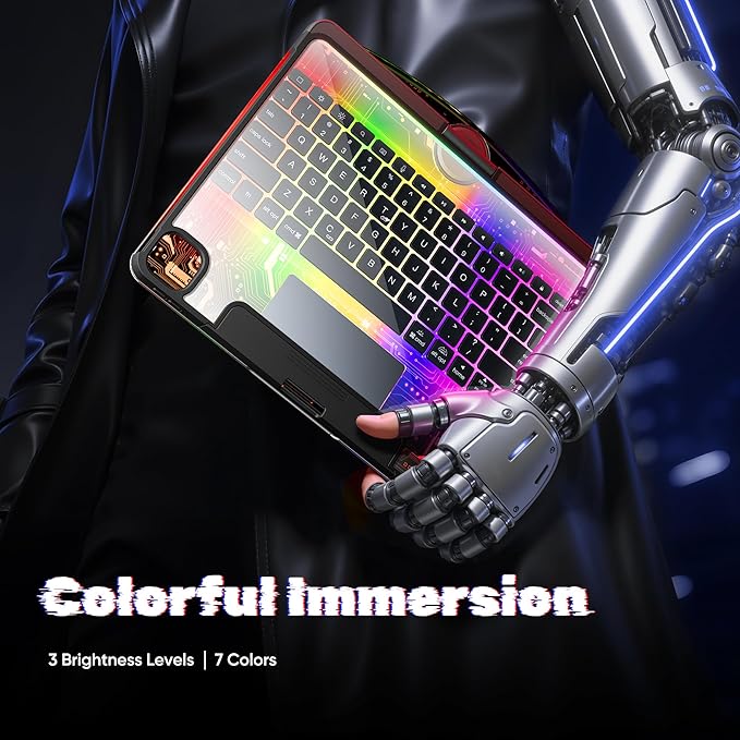 KITONE Transparent Case with Wireless Keyboard only for 2024 iPad Pro 13-in.(M4) 7 Colors Backlight Trackpad 360°Rotating Stand for iPad Pro 13 Tech Style
