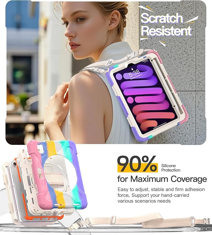 BRAECN Case for iPad mini 7 (A17 Pro) 2024/iPad Mini 6 2021 8.3 with Screen Protector Pencil Holder Protective Heavy Duty Case for iPad mini 7th/6th Gen 360° Rotating Stand &amp Hand Strap for Kid