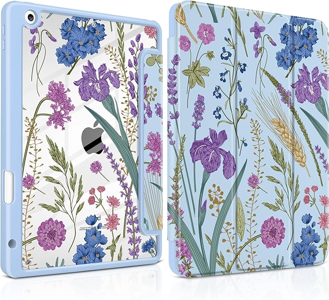 DONGKE for iPad 9th/8th/7th Generation Case 10.2 Inch (2021/2020/2019) [Auto Sleep/Wake &amp Pencil Holder] Clear Acrylic Back Trifold Stand Cover Blue Botanical Wildflower