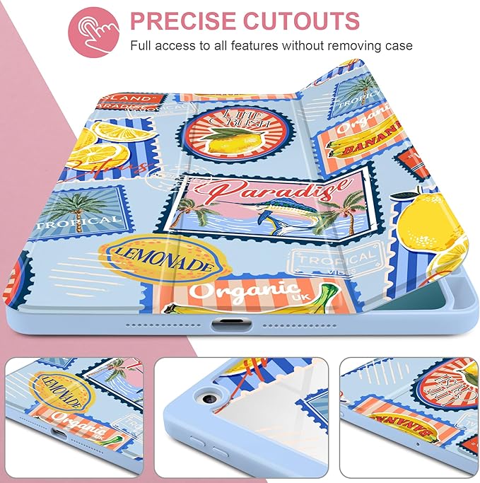 MEEgoodo Case for iPad 10.2 inchTablet Cases for iPad 9th Generation 2021/8th Gen 2020/7th Gen 2019 with Clear Acrylic Back Shell+Pencil Holder+Auto Wake/Sleep+Trifold Stand Retro Tropical Pattern