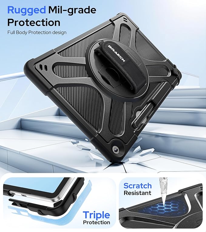 BRAECNstock Case for Microsoft Surface Pro 12 inch 1st Edition 2025 Rugged Protective with Rotating Hand Strap &amp Stand Shoulder Strap Pencil Holder Compatible with Type Cover Keyboard Black