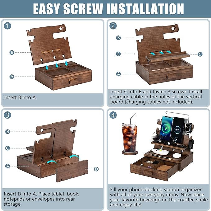 Wood Phone Docking Station for up to 3 Phones - Nightstand Organizer with Drawer for Valuables for Men &amp Women Compatible with Apple Watch Holds Phones Tablets Keys Rings Glasses Watches &a
