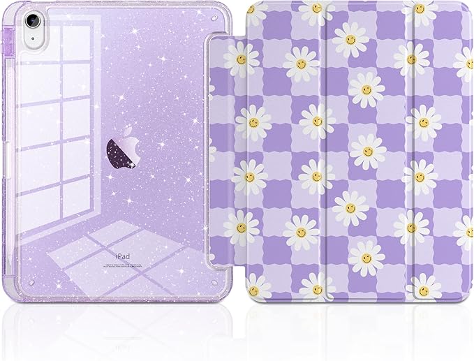 MEEgoodo Case for iPad A16 11th Generation 2025/10th Generation 2022 Glitter Tablet Cases with Transparent Acrylic Back+Trifold Stand +Pencil Holder+Auto Wake/SleepCool Flower &amp Purple Checkerbo