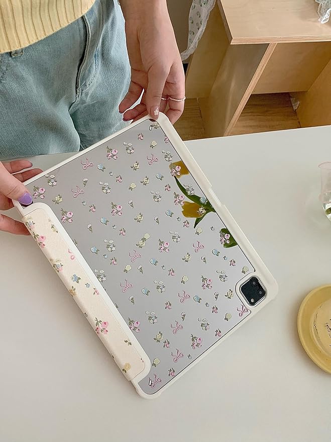 Slim Leather Hard Folio Case with Adjustable Stand Pencil Holder for Apple Cream White Pink Bow Flower Floral Chic Cute Lovely Adorable Girls Kids (for iPad Air M3 13-Inch 7th Generation 2025)