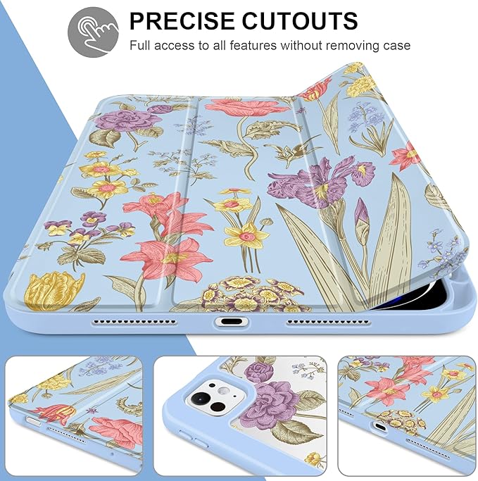 DONGKE for iPad Pro 11-Inch Case (M5 2025 / M4 2024) 6th/5th Generation [Auto Sleep/Wake &amp Pencil Pro Holder] Clear Acrylic Back Smart Trifold Stand Cover Blue Botanical Floral