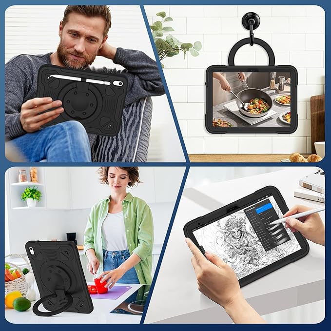 for iPad (A16) 11th Generation 11 Inch 2025/iPad 10th Generation 10.9 Inch 2022 Case with Screen Protector 360°Rotating StandPencil Holder Shoulder Strap Cover A16 iPad Case KidsBlack