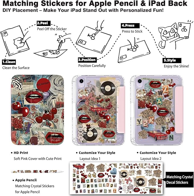 Y2K Retro Red Vintage Cherry Case for iPad mini 6/7 (8.3) Cover with Pencil Holder DIY Stickers Tri-Fold Stand Auto Wake/Sleep for Girls