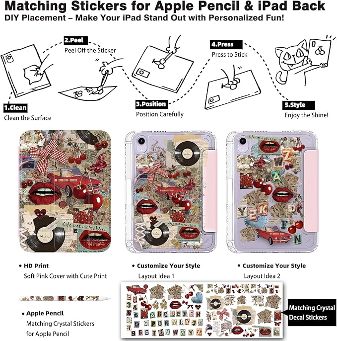 Retro Vintage iPad mini 6/7 8.3'' Case 2021/2024 Model A15/A17 Pro Red Lips Cherry Vinyl Aesthetic Bow Acrylic Back with Pencil Holder Auto Wake/Sleep Girls Protective Cover