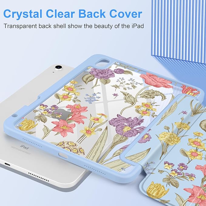 DONGKE Case for iPad (A16) 11th Generation 11 inch 2025 &amp iPad 10th Gen 10.9 inch 2022 [Built-in Pencil Holder] Clear Acrylic Back Trifold Stand Smart Cover Auto Sleep/Wake Blue Botanical Flora