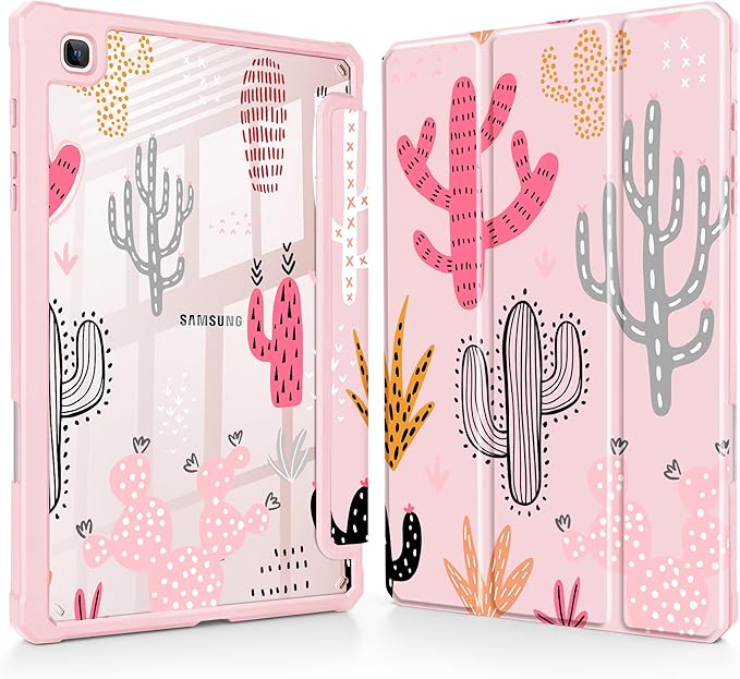 Mektron Case for Samsung Galaxy Tab S6 Lite 10.4 Inch 2024/2022/2020 with S Pen Holder Multi-Angle Viewing with Shockproof Cover Clear Shell + Trifold Stand + Auto Wake/Sleep Colorful Cacti