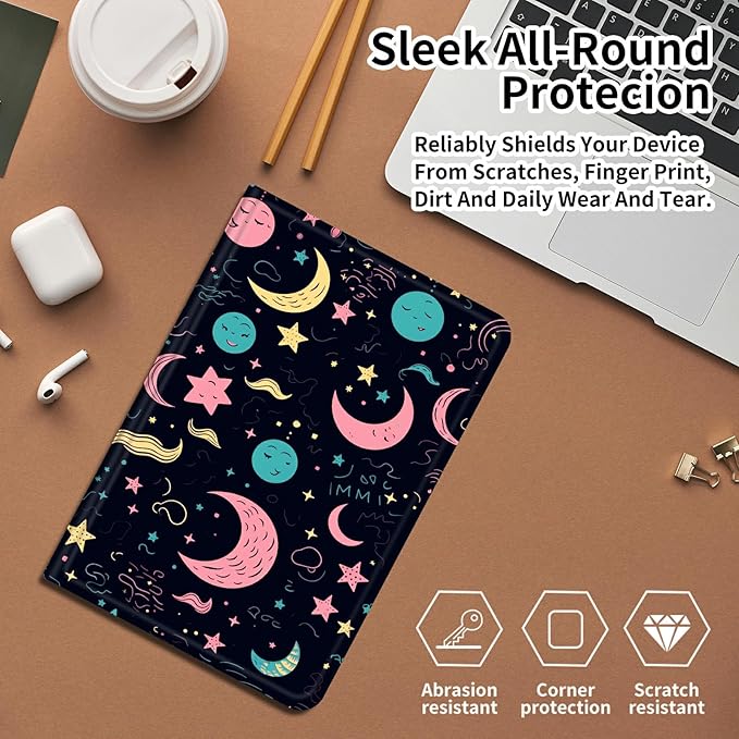 DIGTIALLL Case for Amazon Kindle Fire 7 Inch Tablet (9th/7th/5th Generation 2019/2017/2015 Release) PU Leather Smart Protective Cover with Auto Sleep/WakeStars and Moons
