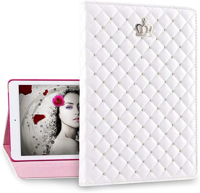 for iPad 10.2 Case 9th/8th/7th Generation (2021/2020/2019) Crown Bling Diamond Cute Elegant PU Leather Smart Auto Sleep/Wake Stand Shockproof Protective Case for Apple iPad 10.2 inch (White)