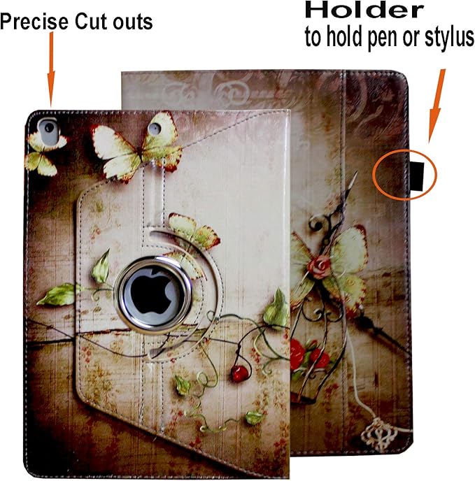 Case for iPad 9th 8th 7th Generation 360 Rotating Smart Cover Folio Stand with Pocket Auto Wake Up/Sleep for 2021 2020 2019 iPad 10.2 A2197 A2198 A2199 A2200 A2602 A2603 (Butterfly Flower)