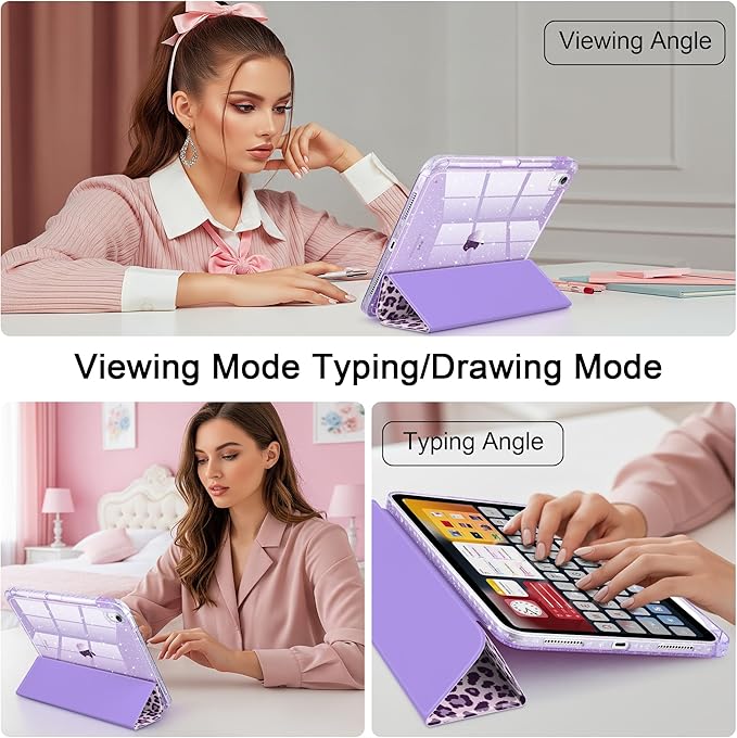 TWOLSKOO Sparkly Case for iPad Pro 11 inch (M5 2025 / M4 2024) Glitter Hard Acrylic Back with Pencil Holder Slim Trifold Stand Folio Cover Auto Sleep/Wake Purple Leopard